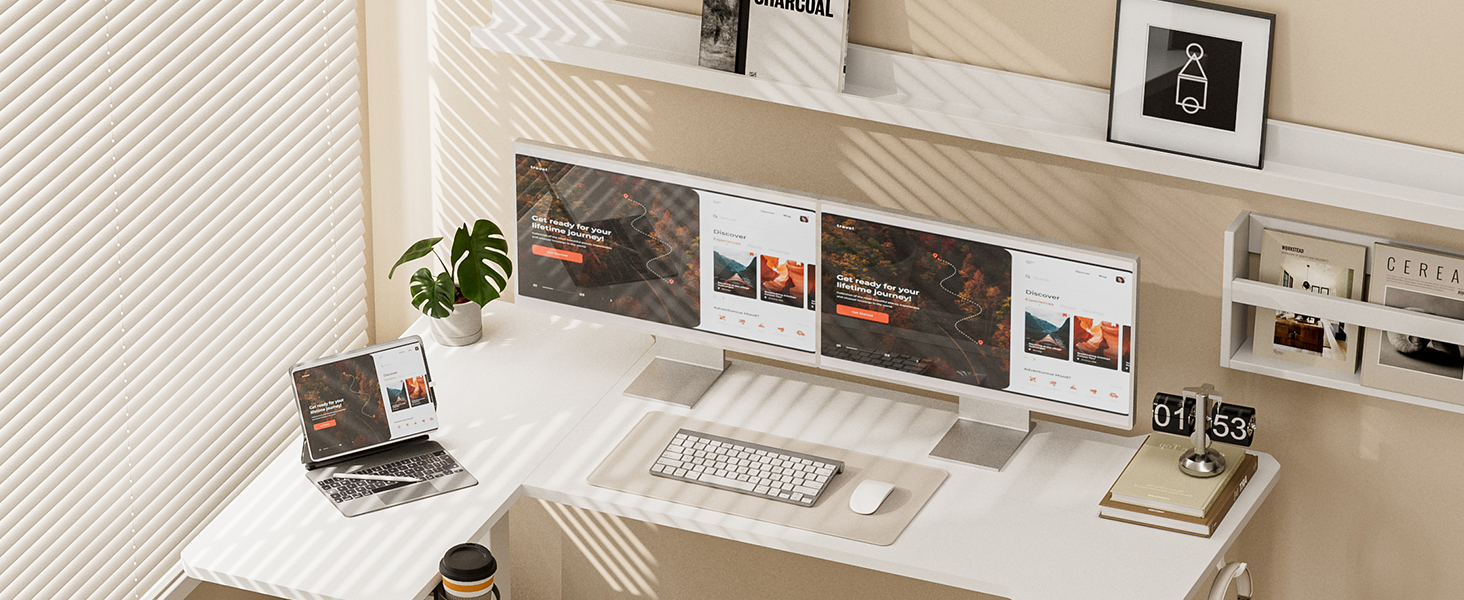 Кутовий стіл з регулюванням висоти 150x100 см, електричний, ергономічний, білий. З підстаканниками та гачками.