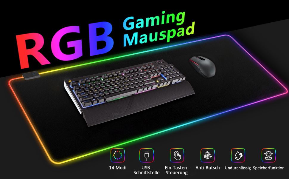 Килимок для миші ігровий RGB 900x400mm XXL чорний. Водостійкий, з підсвічуванням, антиковзаючий для ПК, ноутбука, ігор.