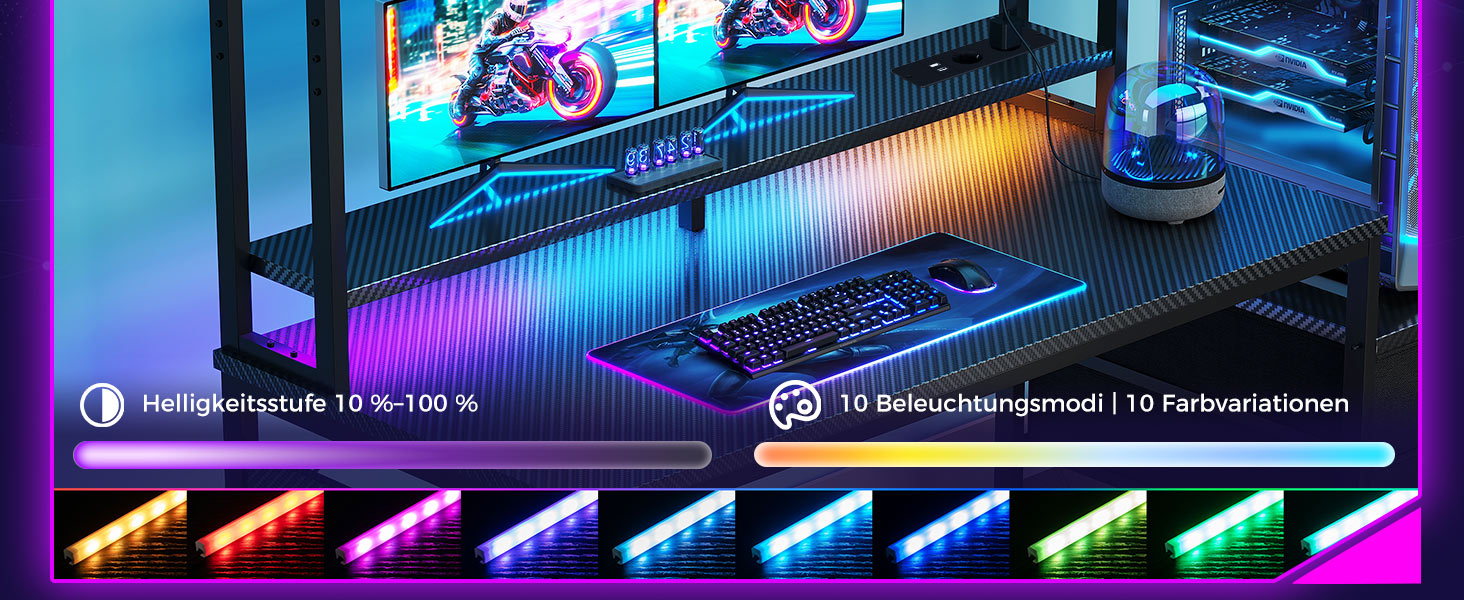 Ігровий стіл Coleshome з полицею та шухлядами, 137×48 см. Стіл для ігор з LED-підсвічуванням, розеткою, полицями та підставкою для монітора. Вуглецеве волокно, чорний колір