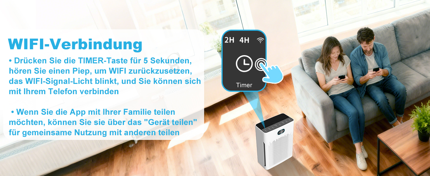 Повітряочисник HEPA з керуванням через додаток, LED-дисплей, тихий режим (22 dB), CADR 250 м³/год, для кімнат до 90 м², режим для тварин, видаляє 99,97% пилу, пилку, шерсті та запахів