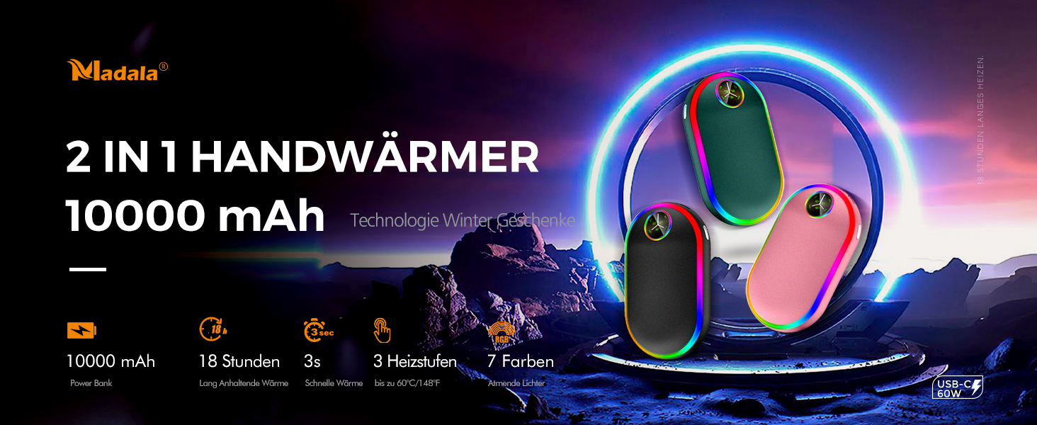 Електричний підігрівач для рук 10000mAh з підсвічуванням (7 кольорів), перезаряджуваний, портативний, чорний - ідеальний зимовий подарунок для чоловіків та жінок