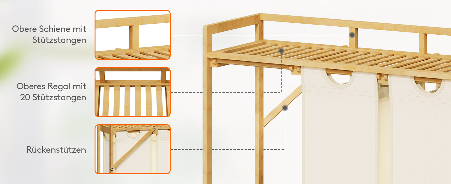 Кошик для білизни Lifewit з бамбуковим каркасом, 150 л, 3 відділення, білий. Сортер для одягу, рушників, іграшок. Розміри: 96 x 33.4 x 72 см