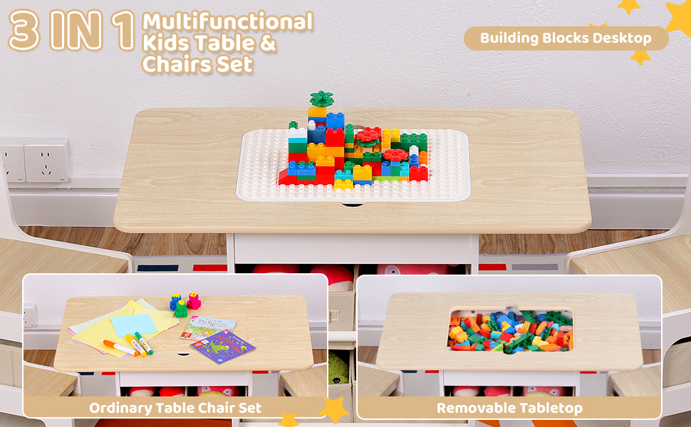 Дитячий стіл зі стільцями, ігровий стіл для дітей з місцем для зберігання, набір меблів для дитячої кімнати (натуральний колір)