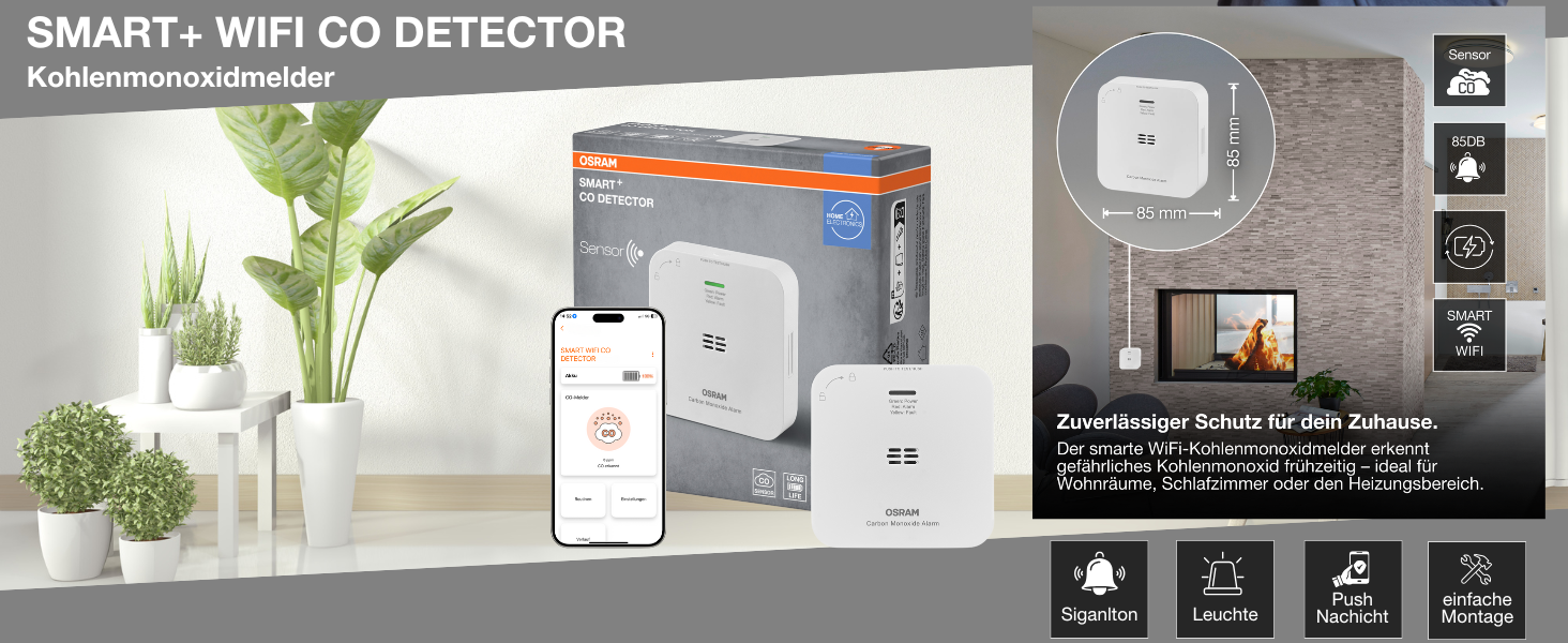 Розумний датчик чадного газу LEDVANCE SMART+ з WiFi, сертифікований EN 50291, білий