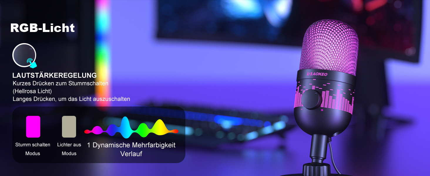Мікрофон Aokeo для запису та стрімінгу: USB мікрофон для ПК, Mac, PS4/5, з LED-підсвічуванням