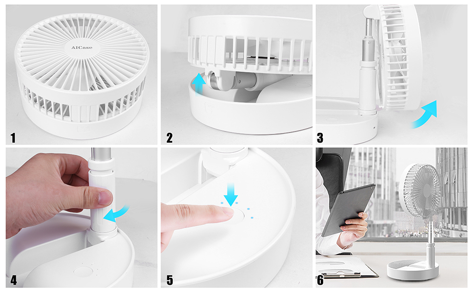 Настільний вентилятор AICase з пультом дистанційного керування, вентилятор з безшумним п'єдесталом вентилятора з 4 режимами швидкості, Ø 19,7 см, акумулятор 7200 мАг, регульований по висоті та складний, заряджається через USB