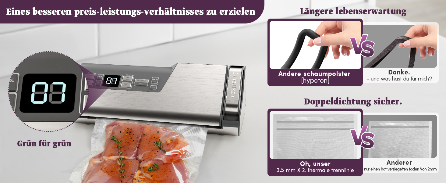 Вакууматор Mesliese для продуктів, 140 Вт, 95 кПа, з подвійним швом, вбудованим різаком та відсіком для рулонів, сірий