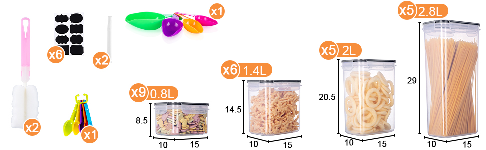 Набір контейнерів для зберігання Heucheey 25 шт. - Органайзер для кухні, контейнери для продуктів з кришкою, ємності для зберігання, мірна ложка, маркер, наклейки, щітка-губка