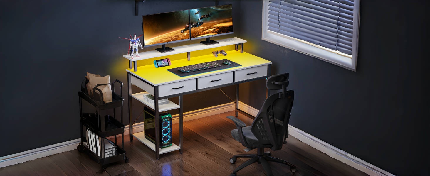 Комп'ютерний стіл Rolanstar з ящиками, розетками та LED підсвіткою, геймінговий стіл з підставкою для монітора, полиця та 2 гачки, для офісу та вітальні (білий, 100x47x90,5 см)