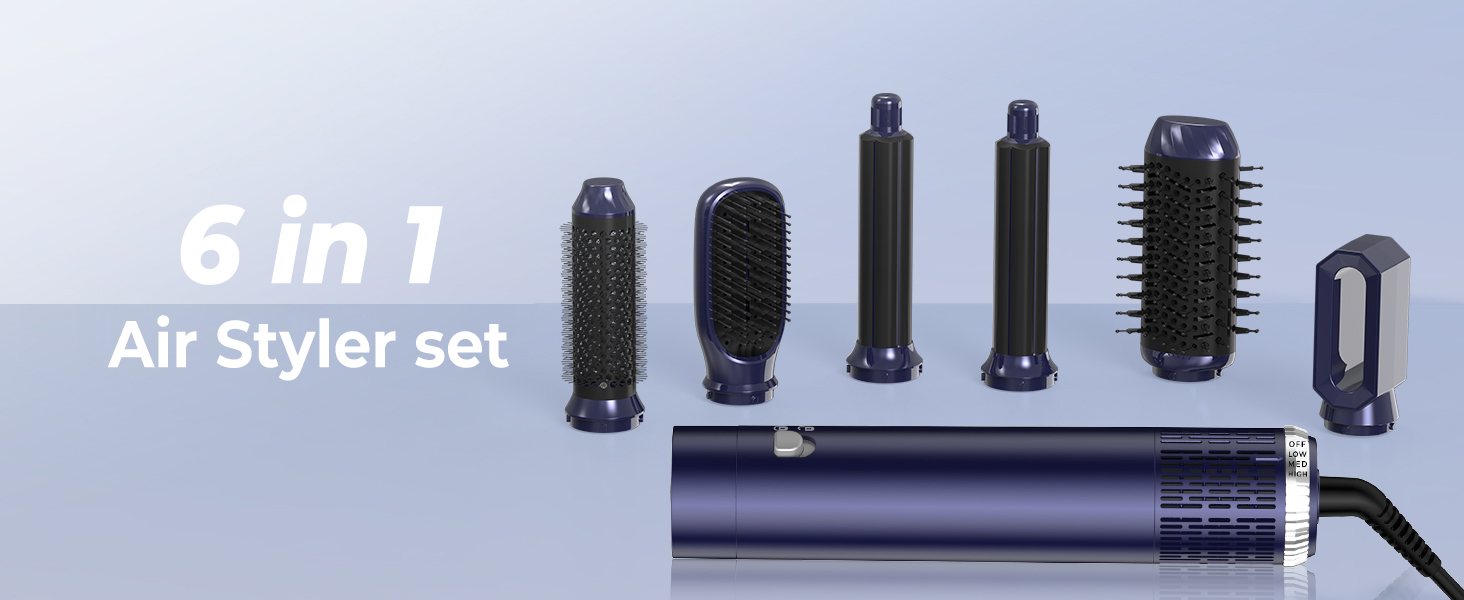 UKLISS 6-в-1 Hairstyler: Фен-щітка для волосся з насадкоми, автоматична плойка, професійний фен-розкручувач для об'єму та укладки (Синій)