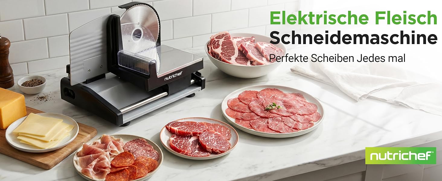 Електричний універсальний слайсер NutriChef 200W для хліба, м'яса, сиру та овочів, товщина нарізки 0–15 мм, ніж з нержавіючої сталі 19 см