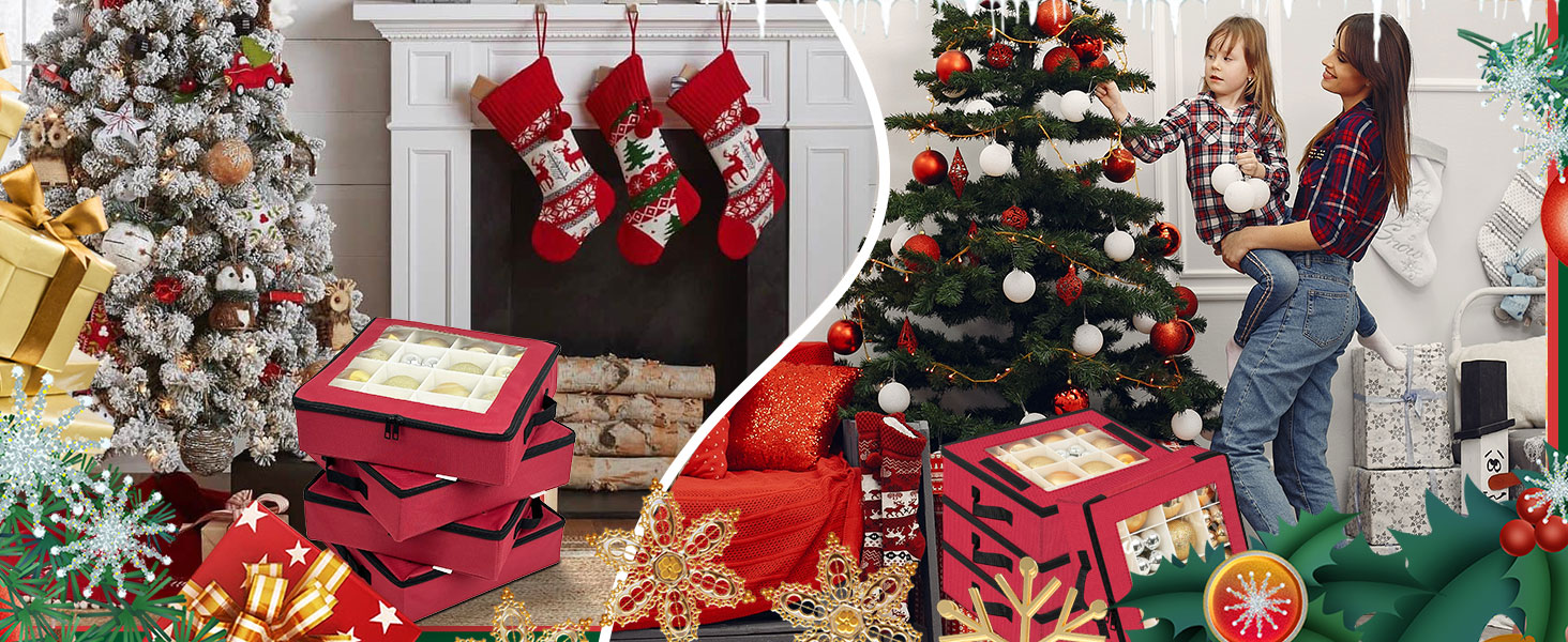 Коробка для зберігання новорічних прикрас з перегородками, 4 шт. Складана коробка для ялинкових іграшок, органайзер для куль, з ручками, червона