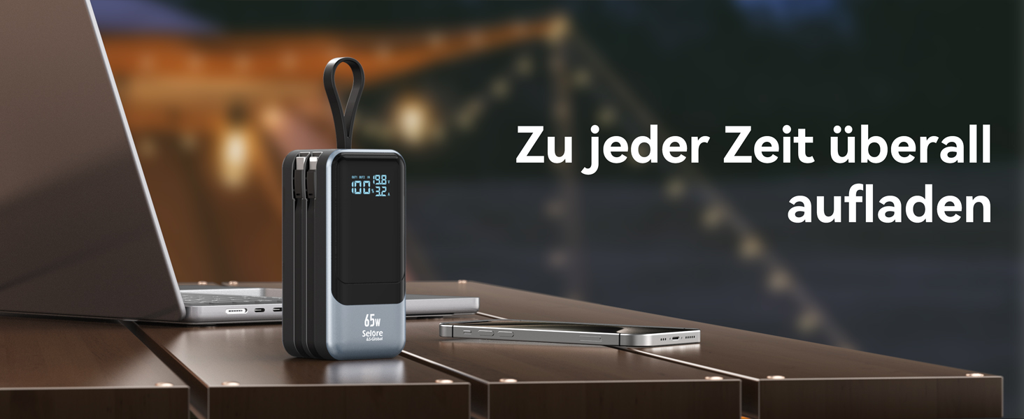 Power Bank Selore&S 65W з USB-C, 4 порти, для iPhone, Galaxy, MacBook, iPad, дронів, чорний