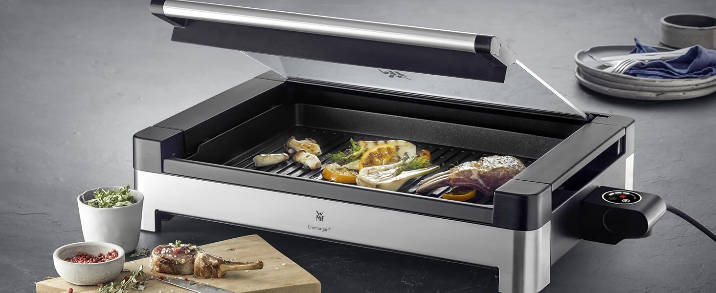 Електричний гриль WMF Lono з кришкою з термостійкого скла, антипригарне покриття, знімний збірник жиру, придатний для миття в посудомийній машині, матова нержавіюча сталь, 2200 Вт, Single