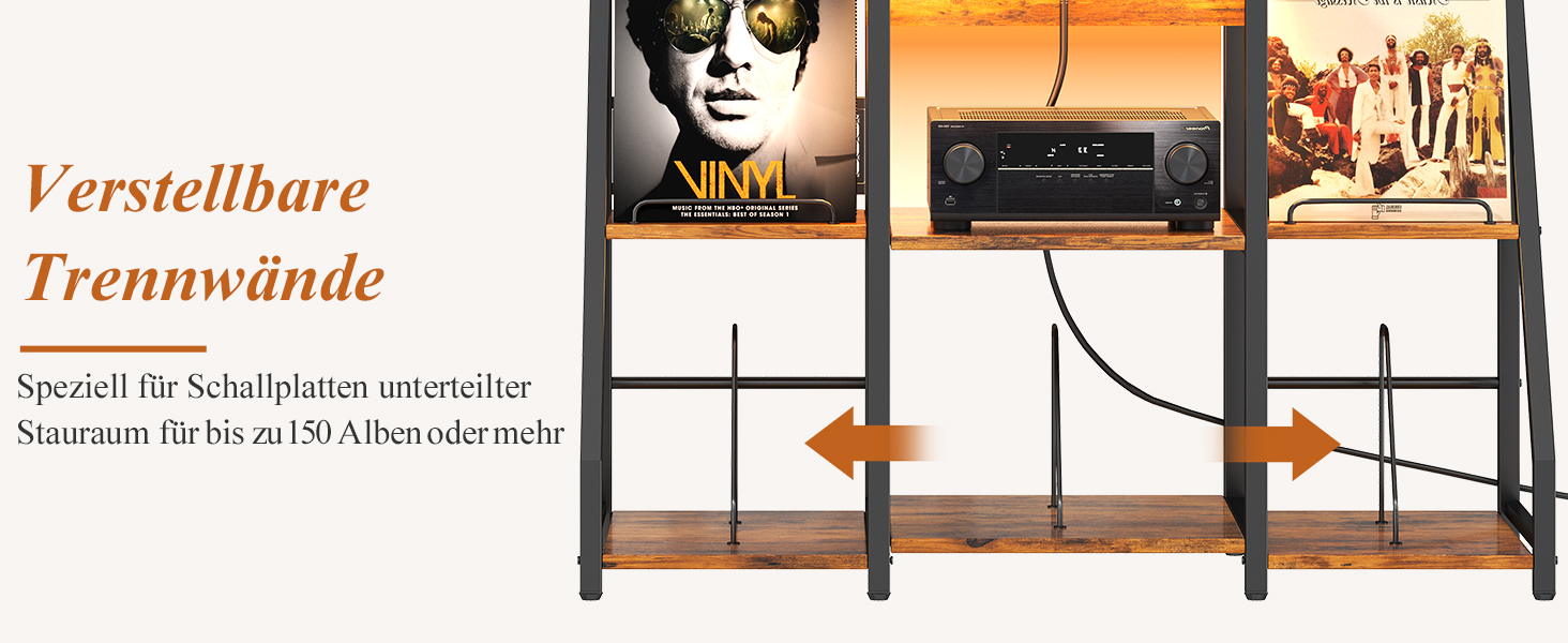 Підставка для програвача вінтаж велика з розеткою та LED-підсвіткою, тримач для платів, полиця для вінілу на 300 альбомів, для вітальні, спальні