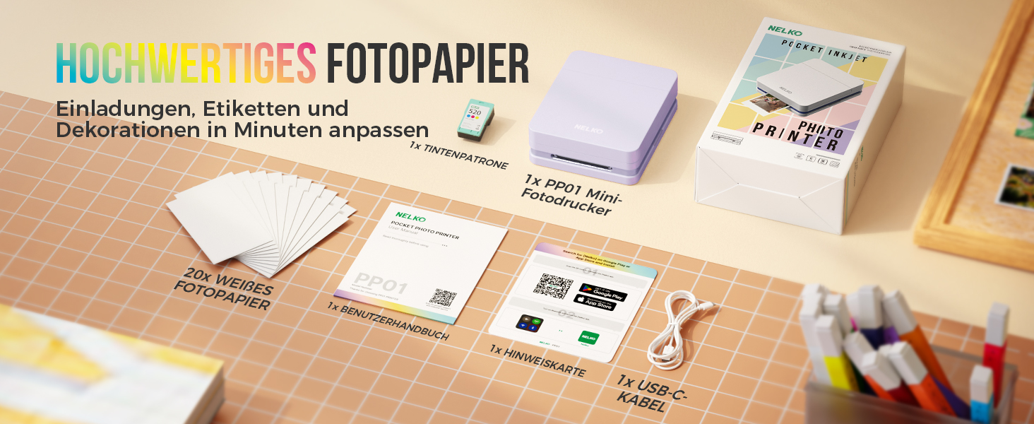 Портативний міні-фотопринтер Nelko PP01: кольоровий, для смартфонів iOS & Android, з 20 паперами, наклейки, AI APP, фіолетовий