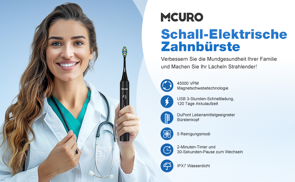 Електрична звукова зубна щітка, 45000 VPM, відбілювання за 1 тиждень, 120 днів роботи від акумулятора, індикатор заряду, 6 насадок DuPont, 5 режимів, таймер, чорна