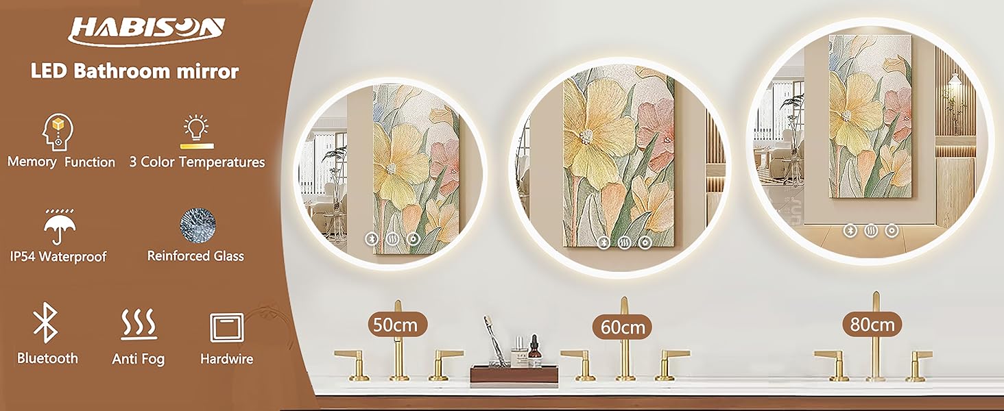Дзеркало для ванної кімнати Habison з підсвічуванням 70x70 см LED, з годинником, сенсорним вимикачем, регулюванням яскравості, захистом від запотівання, 3-х кратним збільшенням, Bluetooth