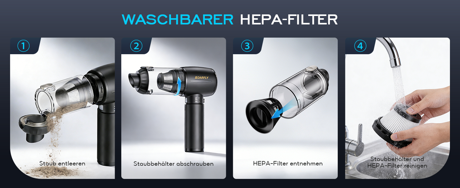 Акумуляторний ручний пилосос SoarFly 4 в 1, 25000Па, бездротовий міні-пилосос для авто, дому та ПК з безщітковим двигуном, LED-підсвіткою та набором щіток, чорний