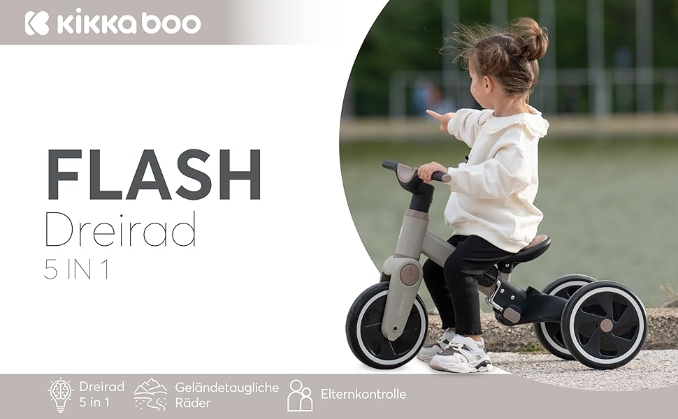 KikkaBoo Flash 5-в-1: Біговел/Триколісний велосипед для дітей від 18 місяців, сталевий каркас, EVA колеса, регульована ручка, сірий