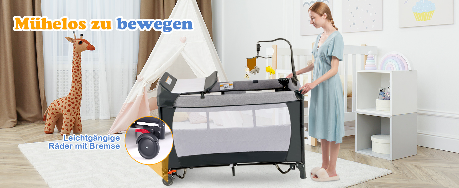 Дитяче ліжко-манеж COSTWAY 120x60 см з матрацом, пеленальним столиком, іграшками та музичною шкатулкою, сірий колір