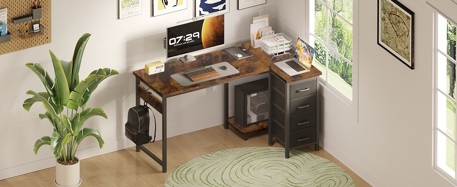 Комп'ютерний стіл кутовий Coleshome 120x70 см з 4 висувними ящиками, для офісу, кабінету, спальні, вінтажний коричневий