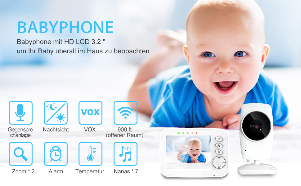 Відеоняня Baby Phone з 3.2-дюймовим LCD-дисплеєм, HD цифрова камера з нічним баченням, 2.4 GHz та двостороннім зв'язком