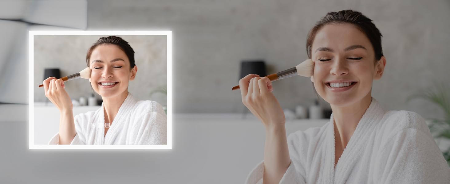 Дзеркало для ванної кімнати SONNI LED 50x70 см з LED-підсвічуванням, сенсорним керуванням, 3 кольори світла, проти запотівання та функцією пам'яті. Білий колір.