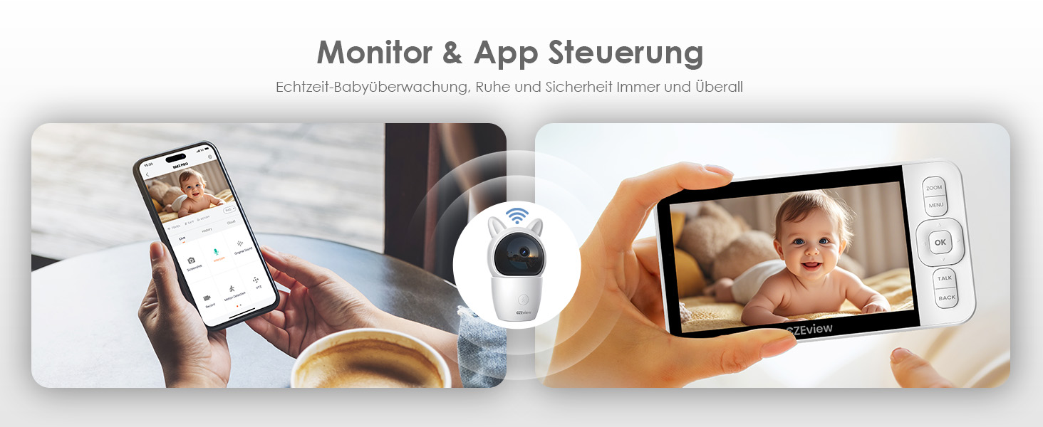 Відеоняня з камерою 2K HD Wi-Fi Babyphone з додатком, 360° огляд, 4x Zoom, нічний режим, датчик руху/плачу/звуку, термометр, чорний - 1 камера