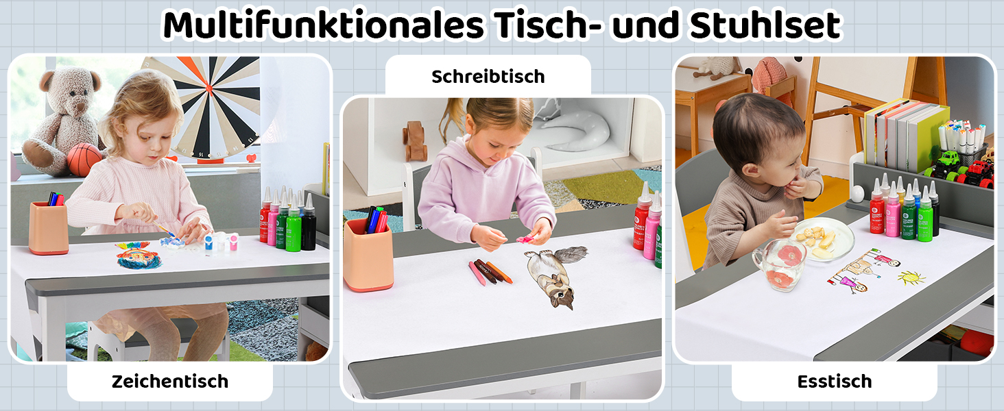 Дитячий стіл Mamizо з 2 стільцями, стіл для малювання та рукоділля, комплект меблів у дитячу кімнату, ігровий стіл з місцем для зберігання для дітей від 3 років (сірий, білий)