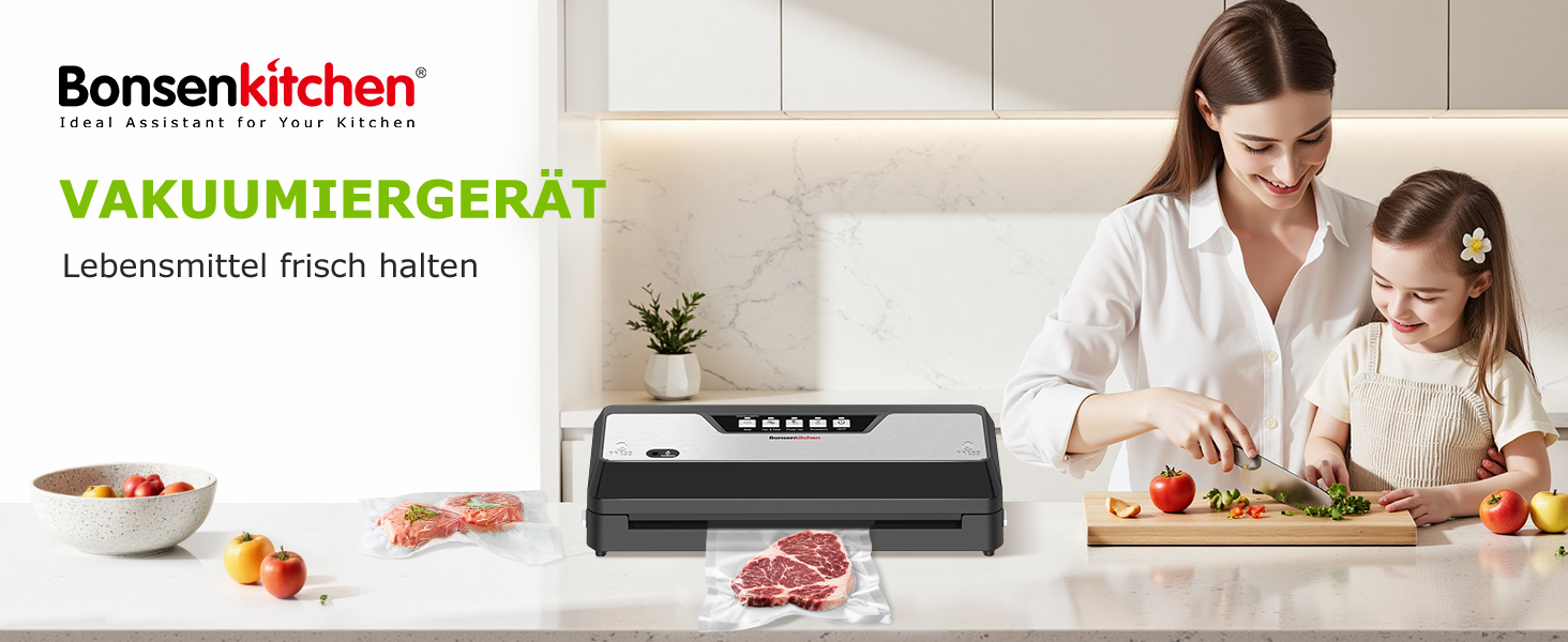 Вакууматор для продуктів Bonsenkitchen VS3019, 125 Вт, з вбудованим різаком, глянцевий чорний