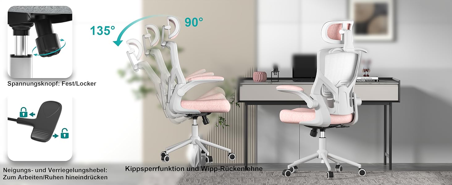 Ергономічне крісло для офісу з регульованою підголівником та поперековою підтримкою – високе офісне крісло з сітчатим спинком та м'яким сидінням, вішалка для одягу та функцією блокування (білий та рожевий)