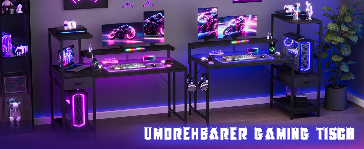 Ігровий стіл JUMMICO 140x60 см з розеткою, LED-підсвіткою та вуглецевим покриттям, комп'ютерний стіл з полицями, шухлядою та підставкою для монітора (Чорний)
