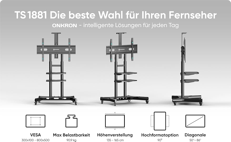 Мобільна тумба під телевізор ONKRON 50-86 дюймів, 105 кг, регульована по висоті, VESA max 800x500, Black TS1881-B