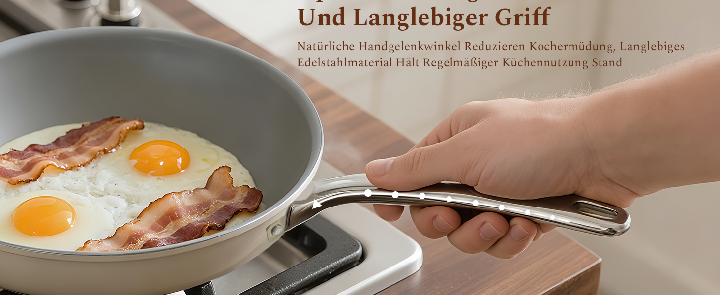 Набір сковорідок Koch Kode: керамічні сковороди 20, 24, 28 см з нержавіючою ручкою, індукційне дно, без PTFE та PFOA, придатні для миття в посудомийній машині та випікання, бежевий колір