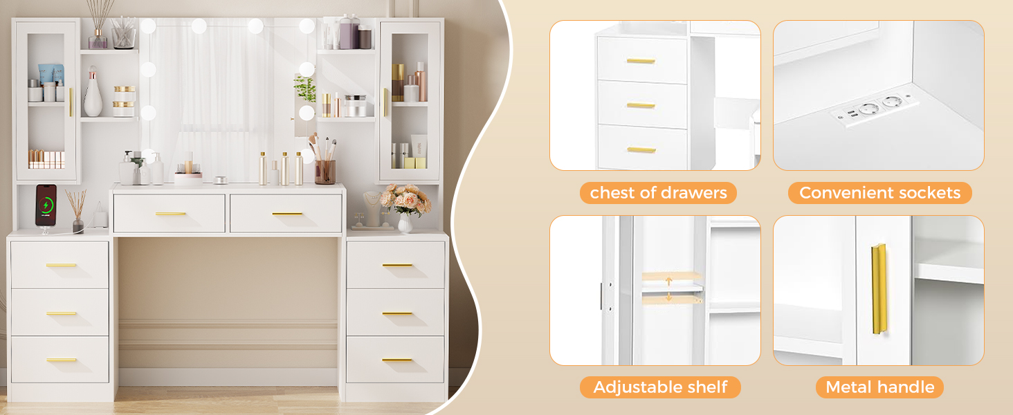 Великий туалетний столик ANWBROAD з LED-підсвіткою (3 кольори), розетками, дзеркалом та 8 висувними ящиками. Сучасний дизайн, колір - білий, розмір 150x135x40 см. Модель BDT67W