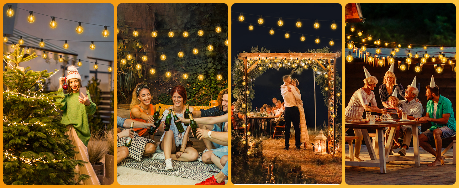 LED гірлянда світлодіодна зовнішня, димування, таймер, 15м, декоративні лампочки G40, тепле біле світло, пластик, вологостійка для саду, балкону, вечірки, павільйону, тераси