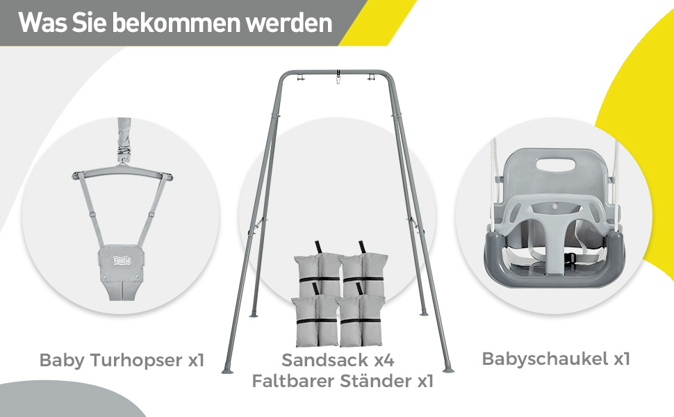 FUNLIO Набір гойдалок 2-в-1 та дитячий фітнес-арка для малюків, гойдалка для дітей з 4 мішками з піском, складаний металевий стійка для дому та вулиці, легко збирається та зберігається - Сірий