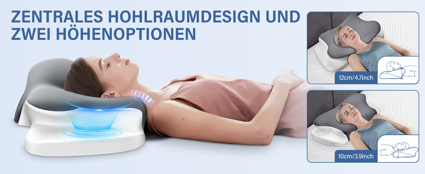 Подушка для шиї з піною з пам'яті, дихаюча, ергономічна, 65x37x10/12см, сіра