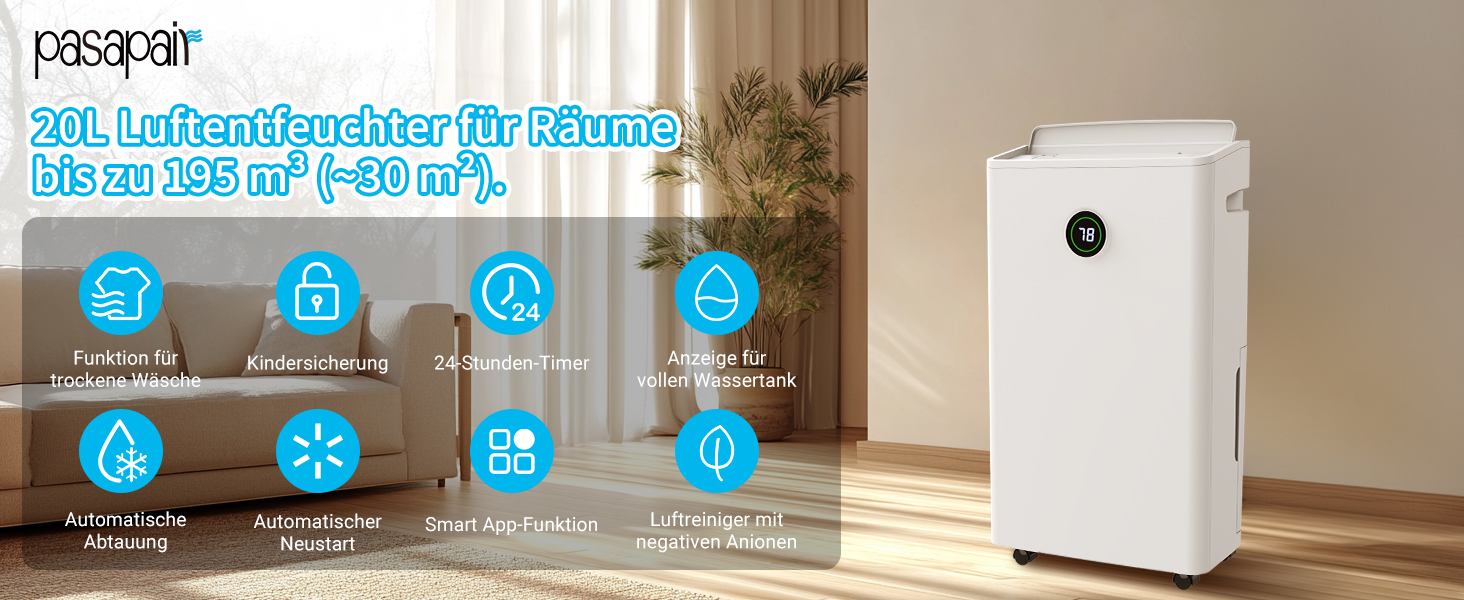 Зволожувач повітря Pasapair – автоматичний осушувач для дому до 120 м³ (20 м²) з таймером, 3 режими роботи, цифровий дисплей, шланг для відведення конденсату. Захист від вологи та плісняви.