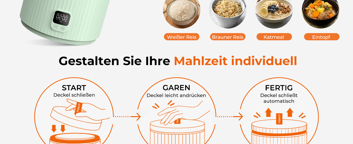 Мультиварка-рисоварка TOKIT 1.5л Pro з керамічним покриттям (біла/авокадо) для 1-3 осіб