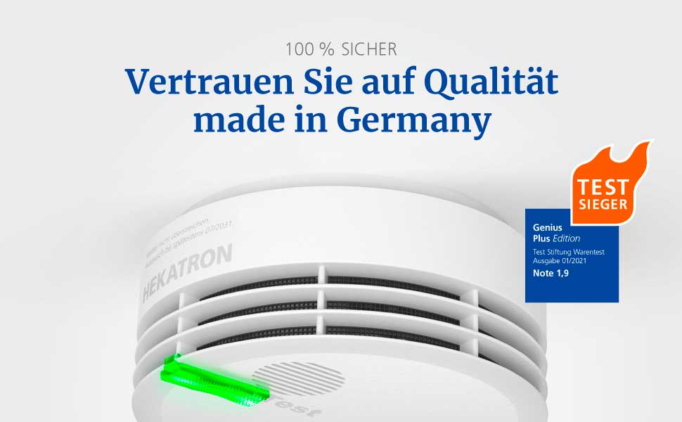 Датчик диму Hekatron Genius Plus з батареєю на 10 років – Тест-переможець Stiftung Warentest – Зроблено в Німеччині – з клейкою підкладкою – з підтримкою додатку – 1 шт.