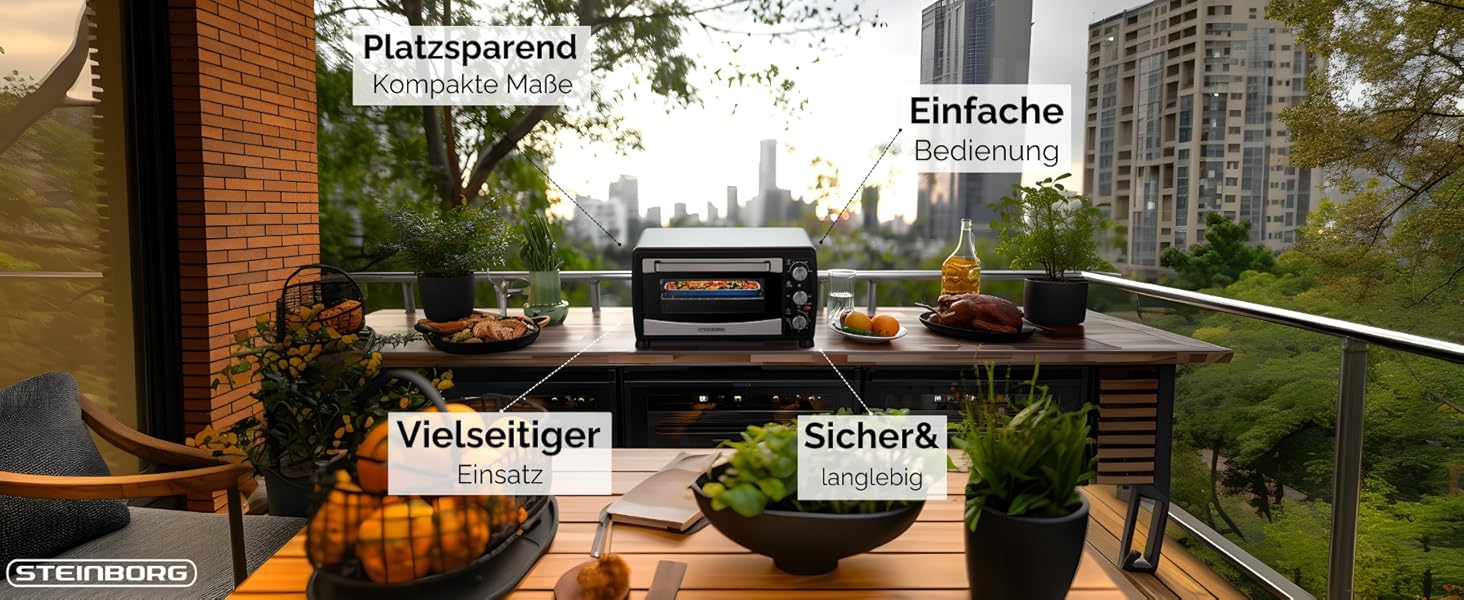 Міні-піч Steinborg® з конвекцією 20 літрів: піч для піци, крихти, конвекція, верхнє та нижнє нагрівання, 1400 Вт, таймер, для кемпінгу або дому