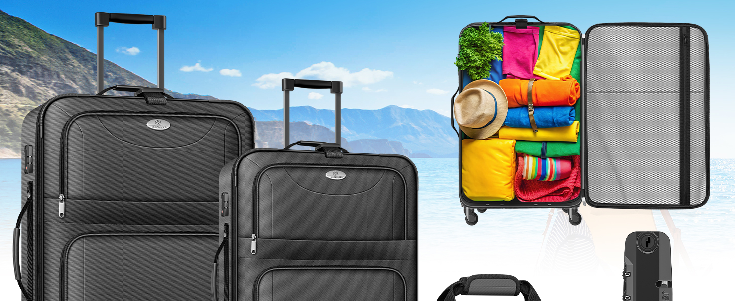 Набір валіз KESSER® 4-в-1: чорний дорожній набір з TSA-замком, 360° колесами та телескопічною ручкою | Чемодан, сумка для косметики, ручна поклажа, велика валіза для подорожей та бізнесу