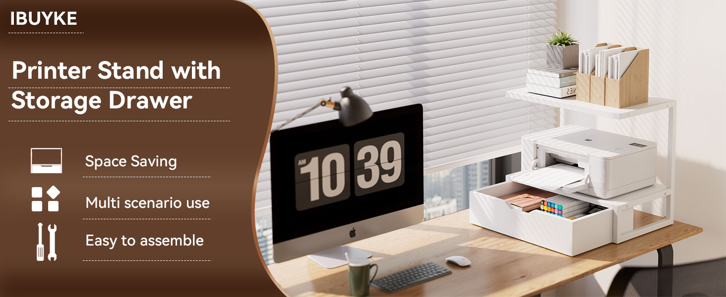 Підставка для принтера IBUYKE 2-ярусна, стіл з полицею для офісу, органайзер для паперів, книг, сканера, факсу, білого кольору TLJ015W