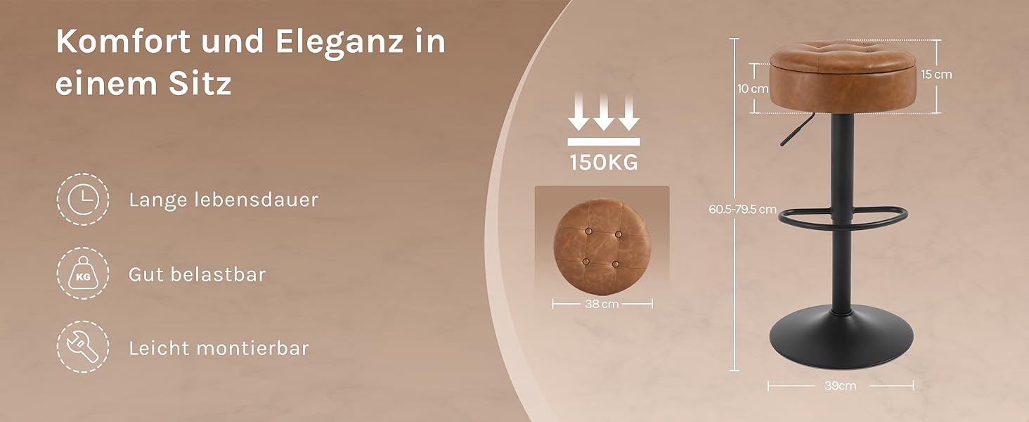 Барні стільці WOLTU 2 шт. з місцем для зберігання, регульовані по висоті, 360° обертання, для кухонної вишки, їдальні, бару, кухні, вітальні, штучна шкіра, метал, коричневий, вінтажний стиль