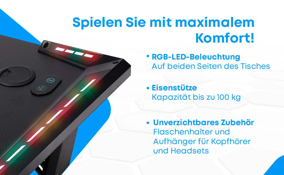 Ігровий стіл NK з LED-підсвічуванням (120x60 см) - з тримачем для напоїв та пляшок, тримачем для навушників, кабельною організацією, стільницею 1.5 см, вантажопідйомність 100 кг, чорний
