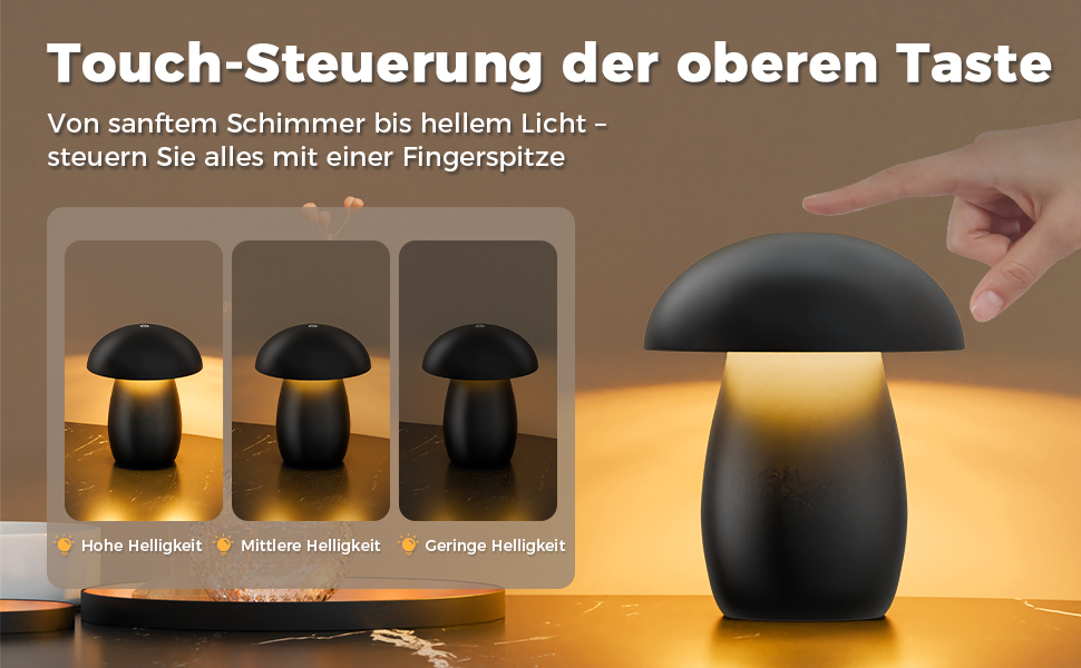 FUYO Pilz Lampe Kabellos: Бездротова лампа-гриб з торшером, сенсорне керування, регулювання яскравості та функція пам'яті, сучасний дизайн для спальні, вітальні та кемпінгу, елегантний чорний колір