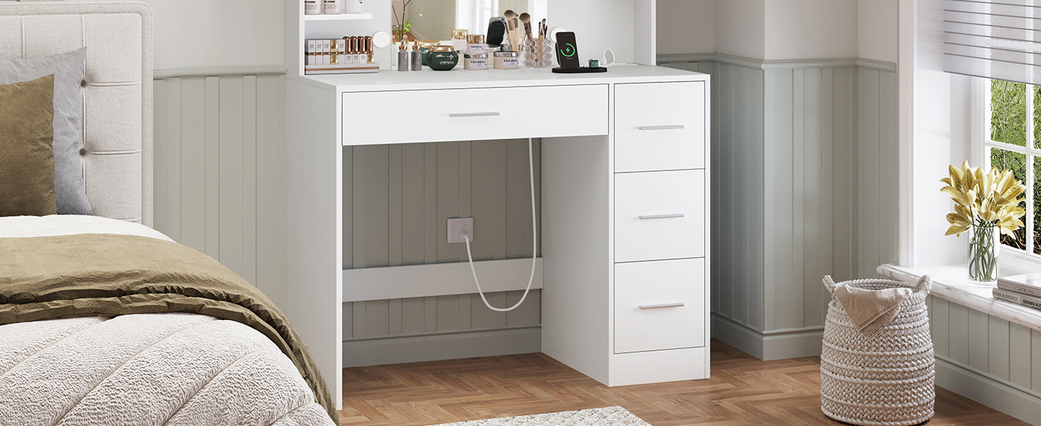 Трюмо TEENFON з дзеркалом та підсвічуванням, біле. 4 шухляди, 4 відкриті полиці, 5 гачків для прикрас.