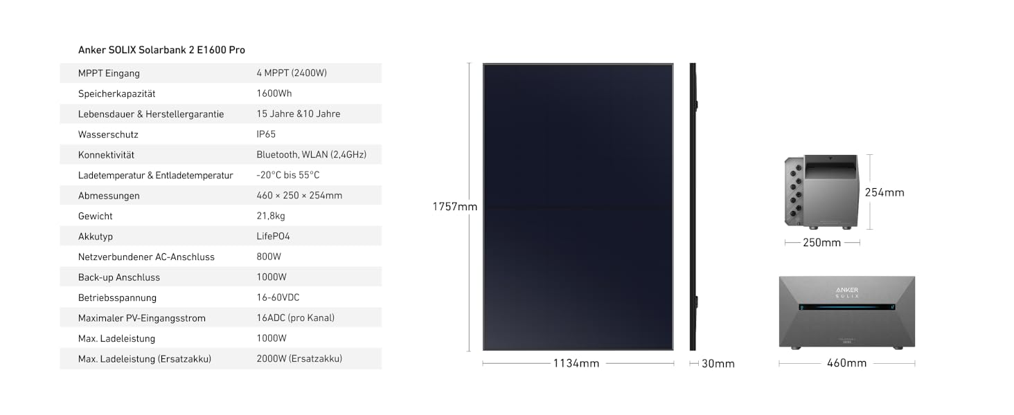 Сонячна електростанція Anker SOLIX для балкону (1780W | 3200Wh) з акумулятором Solarbank 2 E1600 Pro (1600Wh) та розширювальним акумулятором BP1600 (1600Wh), 4 панелі RS40T (445W), підставка, 4 MPPT, 1000W AC, Plug&Play